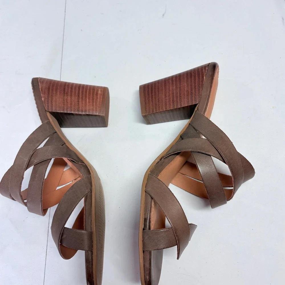 Crevo Leather Brown Strappy Block Heel Mule Sandals Size 8 Boho Coastal Vacation